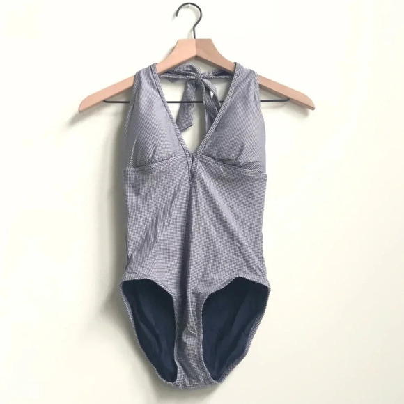 New Draper James x Helen Jon Keyhole navy Gingham Halter swimsuit one piece - Picture 3 of 16